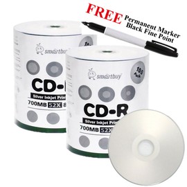 Smartbuy 200-disc 700mb/80min 52x CD-R Silver Inkjet Hub Printable Blank Media Disc + Black Permanent Marker