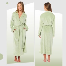 Daisy Dreamer Womens Robe Stripe Jacquard Soft Warm Belted Long Dressing Gown with Pockets Shawl Collar Ladies Everyday Gowns, Sage Green Small