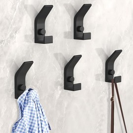Gerhannery 5 Pack Coat Hooks for Hanging, Heavy Duty Hat and Coat Hanger Hooks with Fixing Screws, Wall Dual Hooks Clothes Hanger Wall Mounted, Robe Towel Hooks for Door Bathroom Bedroom (Black)