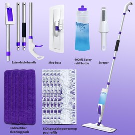 Hisucbetter Spray Mop Floor Cleaning System Kit Include 14oz Refillable Bottle, 3 Reusable Microfiber Pads&5 PowerMop Refills, Multi-Surface Moping for Hardwood, Vinyl, Laminate, Tile Cleaning.