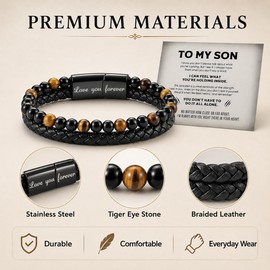LIU JUN The Guardian To My Son Bracelet From Mom, Stainless Steel Engraving Love You Forever Tiger Eye Beaded Braided Leather Bracelets Inspirational Birthday Gift Jewelry (Volcanic rock)
