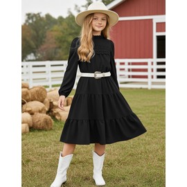 Sunny Spirit Girl's Spring Party Midi Dress Tween Long Sleeve Fall Holiday Midi Tiered Flowy Swing Dresses 12-13 Year Black