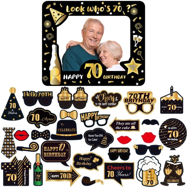 Black Gold 70th Brithday Party Decorations for Women Men,Giant Inflatable Selfie Frame 70th Birthday Photo Booth Frame with 32pcs 70th Birthday Photo Booth Props for Ladies Him Her 70th Birthday Gifts
