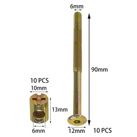 10-Set M6 Furniture Bolt and Nut Kit, Hex Socket Bed Bolts, Screws, and Nuts (90mm)