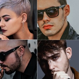 Kakonia 22 Pcs Dangle Earrings for Men Stainless Steel Hinged Huggie Hoop Earrings Punk Long Chain Stud Snake Feather Sword Cross Dangle Kpop Earrings for Men Black and Sliver Tone