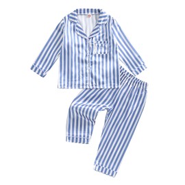 MAINESAKA Toddler Baby Girl Boys Satin Silk Pajamas Set Button Down Shirt Pants Checkerboard Stripe Pjs Fall Winter Sleepwear (B-Blue, 18-24 Months)