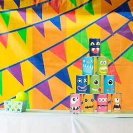 Relaxdays Tin Can Alley Can Throwing Monster, Can Throwing for Children's Birthdays, 10 Tin Cans & 3 Throwing Bags, Garden Toss Game, Colourful, 80% Iron Polyester, 10% Sand