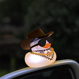 wonuu Car Rubber Duck with Light, Yellow Ducky with Bandana Necklace Sunglasses for Dashboard Decoration, White Light-Solid Black Cowboy Hat