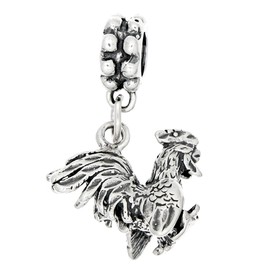 LGU Sterling Silver Oxidized 3D Gamecock Chicken Rooster Dangle Bead Charm