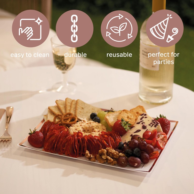 MATANA 12 White Plastic Serving Platters with Rose Gold Border,