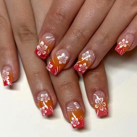 MERVF Square Press on Nails Medium Fake Nails Orange Red Ombre French Tip Glue ons Acrylic Flower Nail Summer Squoval Manicure Supplies Art DIY 24pcs Glossy