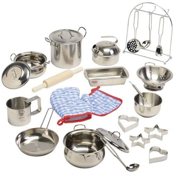 Constructive Playthings Kid-Sized Stainless Steel Cookware for Pretend Play, Ages 4-8