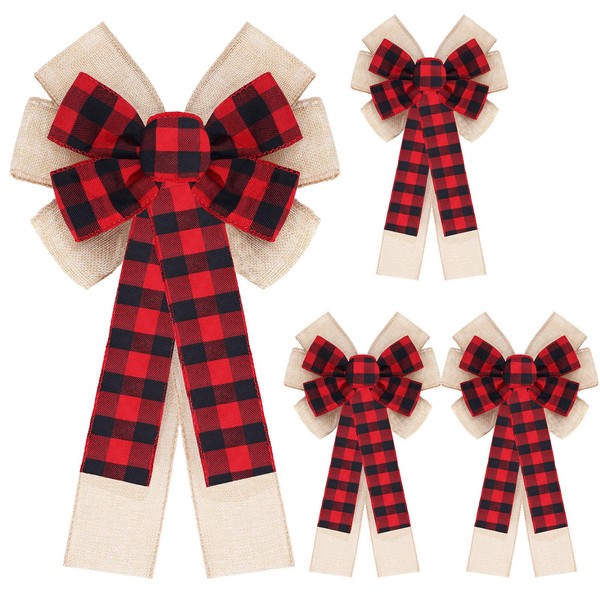 4 Pieces Christmas Buffalo Plaid Burlap Bows 9 x 16 Inch Christmas Wreath Bow Red and Black Checkered Wired Bow Rustic Burlap Ribbon Bow Double Layer Christmas Tree Bow for Home Decoration