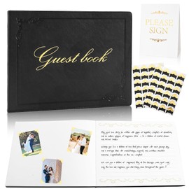Saburrnity 8x10 Inch Wedding Guest Book - 120 Blank & Lined Pages, Gold Foil PU Leather Hardbound Cover, Durable Sewn Binding, Black