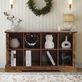 8 Cube Storage Organizer, 2 Tier Brown Bookshelf for Living Room, Farmhouse Bookcase with Led Lights, Kids Toy Storage Cabinet, Wall Cubby Shelves for Home Decor, Wood Display Cabinet for Bedroom