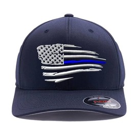 Tactical Thin Lines, Thin Red/Blue/Green/Yellow Line Waving American Flag hat, Custom Embroidered Flex Fitted (L/XL, Deep Navy)