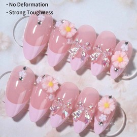 French Tip Press on Nails for DIY Manicure 3D Aurora Bow with Charms Daisy Designs Flower Fake Nails Stick on Nails Spring Summer Rhinestones Nails for Women Girls 24Pcs