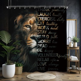 Miyotaa Lion Motivational Quotes Shower Curtain Set 60Wx71H Inches Black Inspirational Positive Wildlife Animal Cool Man Polyester Waterproof Cloth Bathroom Curtain with 12 Hooks