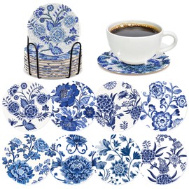 INCOK Blue Flower Diamond Art Coasters - 8 Pcs Diamond Painting Coasters Kits with Cork Base Home Table Decor DIY Crafts Party Supplies Mother's Day Birthday Gift for Adult Beginners