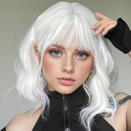 Colorfulpanda Women's White Short Wig with Bangs, Natural Synthetic Hair Wavy Bob Wig for Daily Costume Carnival Fancy Dress (35 cm)