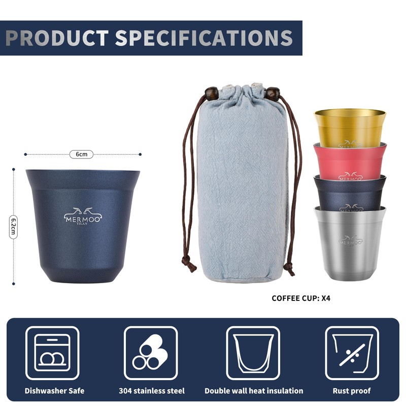 MERMOO YILAN Stainless Steel Espresso Shot Cups (2.7oz) 80ml，Insulated, Mixed