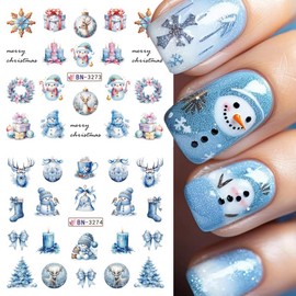 Christmas Nail Art Stickers Decals Winter Snowflake Snowman Acrylic Nail Decals Santa Claus Holographic Water Transfer Nail Foils Cute Gingerbread Man Xmas Tree Elk Penguin Sticker for Women DIY Nails