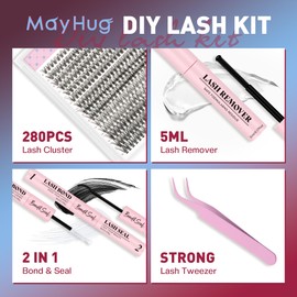 Mayhug Lash Extension Kit,DIY Individual Lashes Clusters,Bond And Seal,Lash Remover For Eyelashes Extensions,Lash Applicator Tool For False Eyelash Cluster 280Pcs At Home(30D|D-Mix9-16|set)
