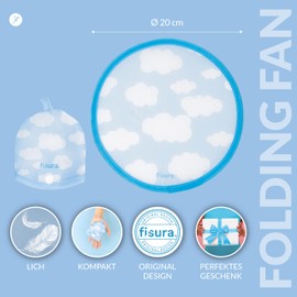 Fisura Foldable Round Hand Fan Clouds, Original Foldable Hand Fan, Blue and White, Pack of 5, 20 cm, Clouds, Pack of 5, One Size