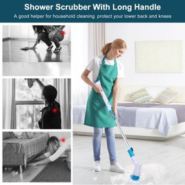 Shower Scrubber with Long Handle，Tub and Tile Scrubber with 6pcs Cleaning Scrubber Brush, Electric Shower Scrubber for Bathroom, Tub, Tile, Floor, Kitchen, Window,Blue