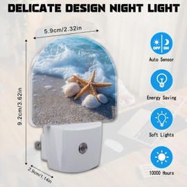 VURQLHE Starfish and Seashells on Beach Night Light for Kids,Summer Beach Ocean Waves Plug in Night Light with Dusk to Dawn Sensor, 0.5w Energy Saving Nightlight for Hallway Stairway Kitchen Bedroom