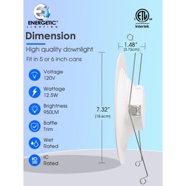 Energetic 12 Pack 5/6 Inch 5CCT LED Recessed Lighting, Dimmable Can Lights with Baffle Trim, 2700K/3000K/4000K/5000K/6500K Selectable, 12.5W=100W, 950LM, Wet Rated, Retrofit Installation, ETL & FCC