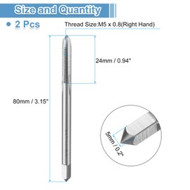 QUARKZMAN Pack of 2 Straight Groove Taps, M5 x 0.8 H2 80 mm Extra Long Metric Screw Machine Thread Cutting Tools, High Speed Steel 6542 (HSS 6542)