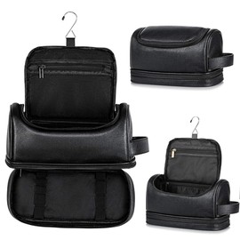 Neceser para Hombre de Cuero Organizador de Viaje con Gancho para Colgar, Gran Capacidad e Impermeable Organizador de Maquillaje y Herramientas de Afeitado para Artículos de Baño y Cosméticos.(Negro)