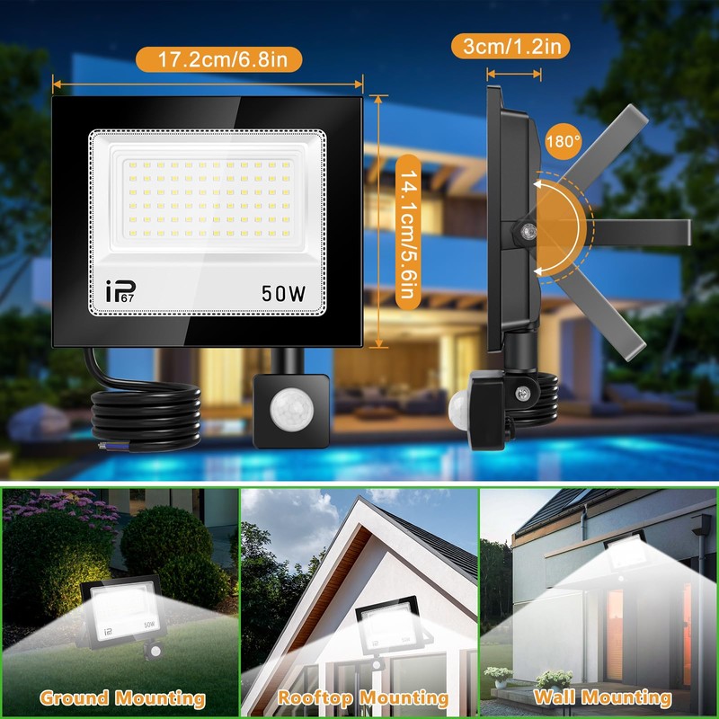 50 W LED Spotlight with Motion Sensor Outdoor, 5000 lm,