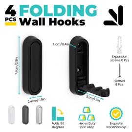 Sekonow 4 Pack Folding Wall Hooks, Zinc Alloy Foldable Magnet Heavy Duty Easy Mount Hooks for Hanging Coats Purse Bags Scarves Keys Towels Hats (Oval)