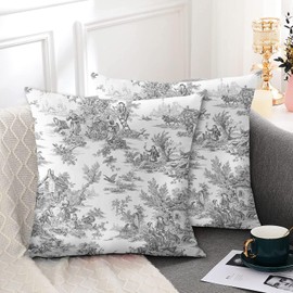 Wsunsal Black Grey Toile Pillow Covers 18x18 Inch Set of 2 Vintage French Country Throw Pillow Cover Farmhouse Square Linen Cushion Cover Decor for Home Sofa Bedroom Outdoor Indoor