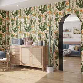 VEELIKE Desert Cactus Peel and Stick Wallpaper 17.7''x354'' Green Cactus Succulent Floral Wallpaper Prepasted Removable Cacti Mural Self Adhesive Contact Paper for Bedroom Bathroom Walls Cabinets
