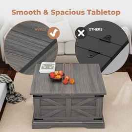 Farmhouse Coffee Table with Storage, Square Center Table for Living Room, Rustic, Hinged Lift Top Soft Close, Wood, Large Hidden Storage, Modern, Metal Corner, Grey