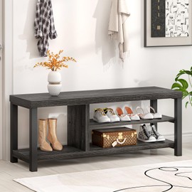 FOLUBAN Entryway Bench, Rustic Wood Shoe Storage Bench for Hallway Front Door Entrance, Industrial Indoor Bench for Bedroom Living Room, Dark Gray, 43.3 Inch
