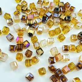 Honkoolly 100pcs Crystal Glass Cube Beads 6mm Square Glass Beads with Hole Glass Spacer Beads for Bracelets Necklace Earring DIY Jewelry Making Craft(Coffee Series)