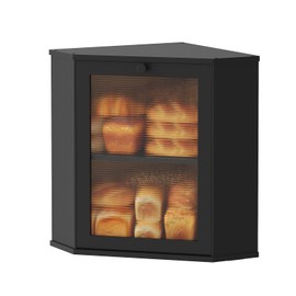 Black Corner Bread Box for Kitchen Countertop-Bamboo Wood 2-Tier