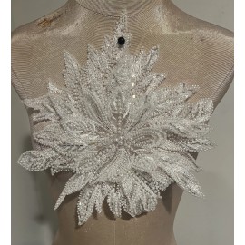 Wowfabric4less123 WHITE 3D Flower Embroidery Bridal Applique Lace Sequins Pearl Beaded Trim