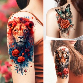 69 Blatt Bunt Löwe Waschbär Fuchs Temporäre Tattoos Damen Klebetattoos Erwachsene, Aquarell Adler Katze Hund Eule Tiger Totenkopf Wolf Fake Klebe Tattoo Aufkleber Haut Frauen Rose Blume Schmetterling