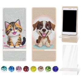 NUFTVI 2 Pack Diamond Painting Phone Stand Kits, 5D Full Crystal Diamond Art Phone Holder and Mirror, Craft Kits Gift for Beginner Adult (Dog and Cat)