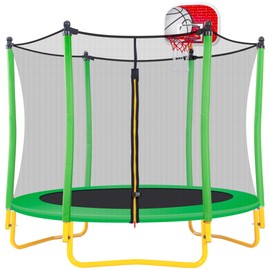 Merax Indoor & Outdoor Small Toddler Trampoline 65" Trampoline for Kids 5.5 FT Baby Trampoline Recreational Trampolines with Enclosure, Basketball Hoop and Ball, Gifts for Boys & Girls, Green