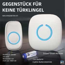 Wireless Doorbell, 300 m Range, Waterproof Front Door Bell Kit with Plug-In Receiver and Transmitter, 52 Melodies Doorbell with LED Flash (Grey)