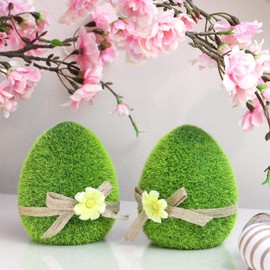 Com-Four® Decorative figures, green ceramic Easter figures, with moss like artificial grass, Easter decoration