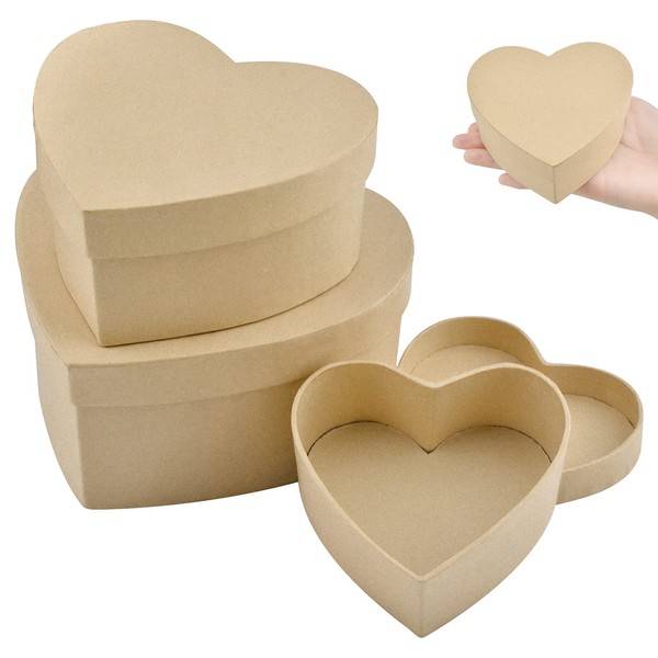 WANDIC Paper Mache Box, Set of 3 Heart Paper Mache Hat Boxes Kraft Paper Containers with Lids Ideal for Painting Crafting & Storage Accessories Cosmetics Jewelry Gifts