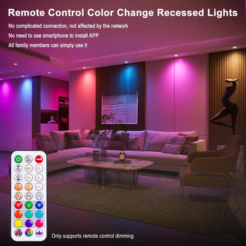 Recessed Lighting 4 Inch RGBCW Color Changing Canless LED Recessed