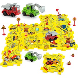Plastic Puzzles for Kids Ages 3-5 with Toy Cars (Excavator + Dump Truck), Gift Toys for 3 4 5 6 Year Old Boys Girls, Toddler Puzzle Track Car Play Set, Critical Thinking Educational Toys